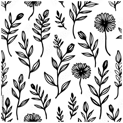 Elegant botanical vector pattern with hand drawn flowers and leaves creates a timeless background illustration