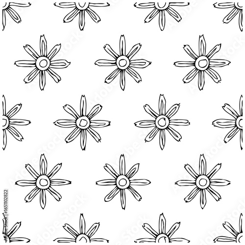 Floral delight in seamless pattern: hand-drawn daisy flowers, a monochrome botanical illustration for feminine elegance