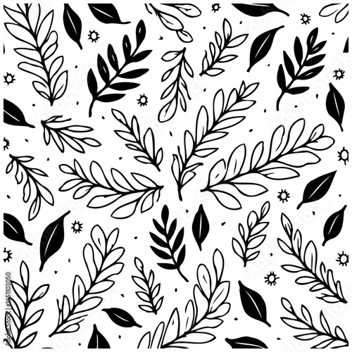 Elegant botanical pattern featuring leafy branches and scattered leaves on a clean white background a design