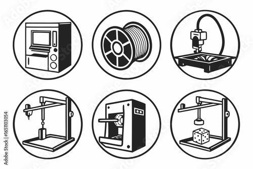Set of six icons representing 3d printing technology