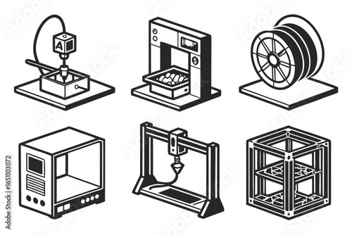 Set of 3d printing machines and components isolated on white background