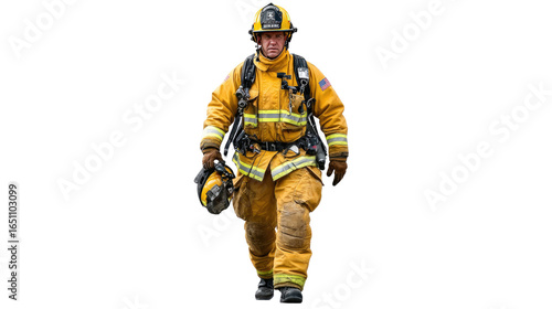 Courageous Firefighter in Action: A valiant firefighter, fully equipped, strides forward, embodying dedication and bravery in the face of danger. Ready to serve and protect.