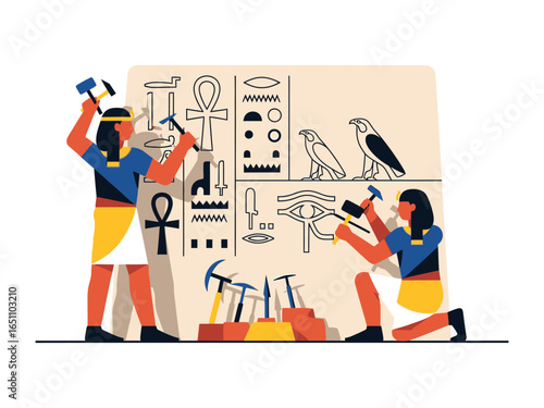 Ancient Craft: Capturing a slice of ancient times, two skilled artisans meticulously carve hieroglyphs onto the wall, showcasing the artistry and rich culture of their era.