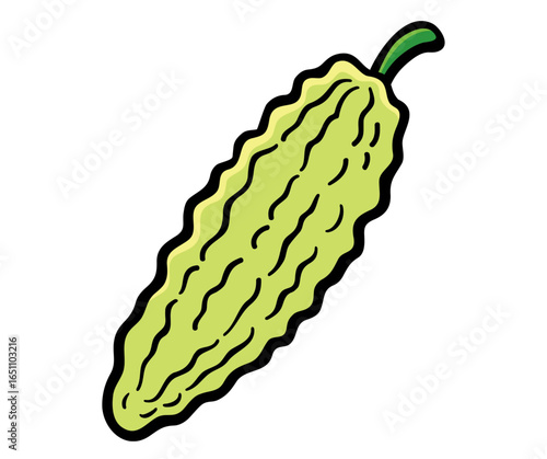 Illustration of a light green bitter melon with dark outline, isolated on a white background.