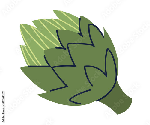 A stylized illustration of a fresh, green artichoke, isolated on white.