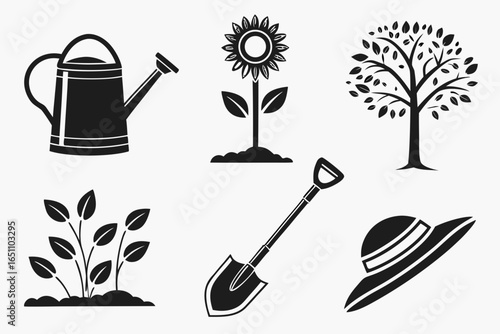 Gardening tools and plants isolated on white background
