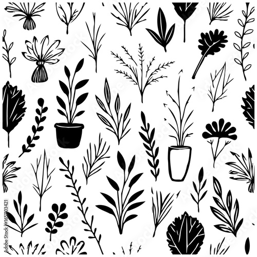 Monochrome botanical vector pattern featuring delicate plants leaves and potted flora perfect for design projects offering simplicity