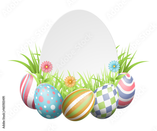 Colorful Easter eggs with various patterns surround a blank egg-shaped space, surrounded by grass and flowers.