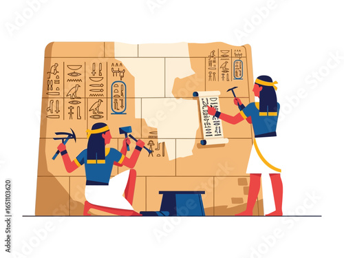 Ancient Stone Carvers: Two figures meticulously sculpt hieroglyphs onto a sandstone wall, mirroring the enduring legacy of craftsmanship and the timeless art of storytelling. 