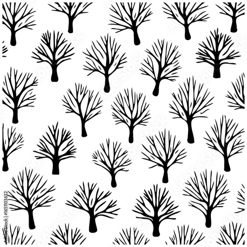 Seamless pattern with black and white trees silhouette an endless forest design for textiles or backgrounds minimal