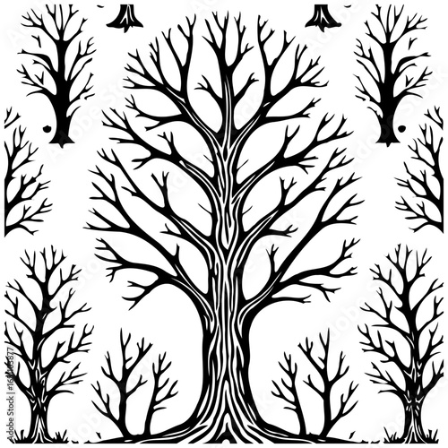 Detailed black and white illustration of deciduous trees showcasing intricate branch patterns against clear backdrop providing a visually captivating seasonal impression