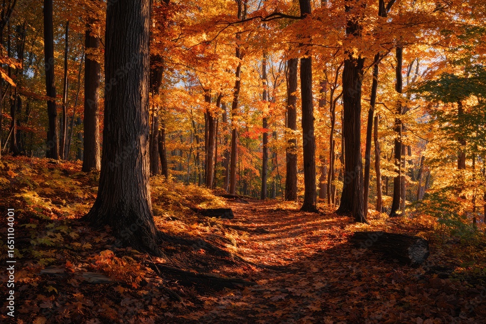 Fototapeta premium Autumn forest path bathed in sunlight