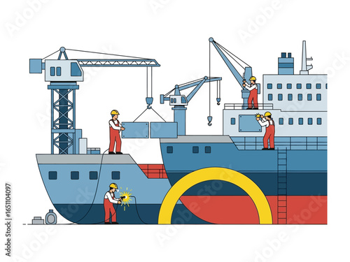 Dockyard Dynamics: An Illustration of dockyard workers meticulously managing and loading cargo onto a massive ship, showcasing industry and precision in maritime operations.