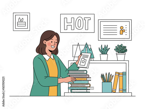 Focused and Organized: A professional woman expertly manages a stack of documents on a shelf with items on desk. The organized workspace reflects competence and efficiency.