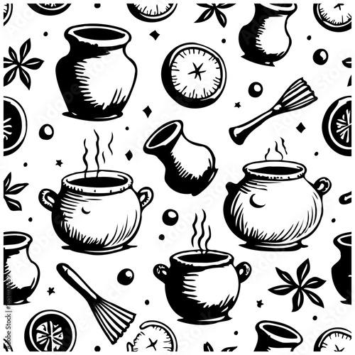 Whimsical kitchen pattern featuring vintage cookware spices and citrus illustrations in a seamless arrangement