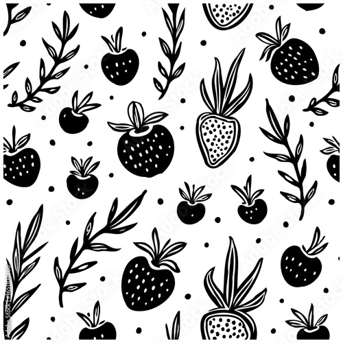 Seamless pattern featuring strawberries foliage and dots a delightful repetitive design with botanical flair perfect for background
