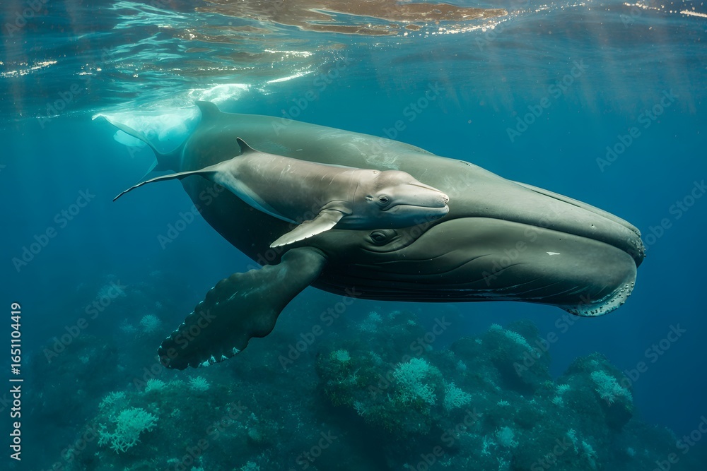 Fototapeta premium Mother and calf right whale swimming together in blue ocean water