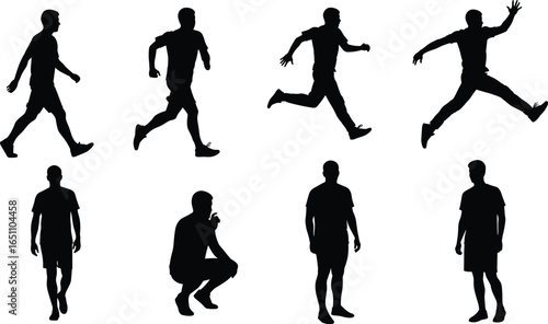 Male silhouette in motion and rest, walking, running, jumping, standing, squatting poses, black vector illustration of man, fitness, activity, lifestyle scene.