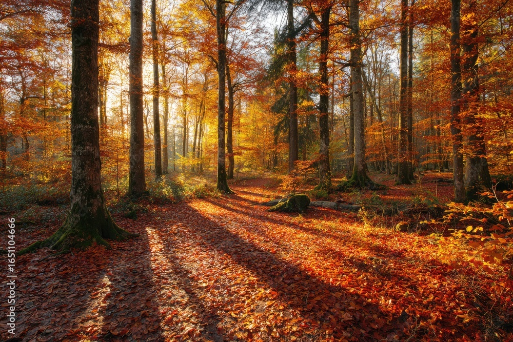 Obraz premium Autumn forest path bathed in sunlight (2)