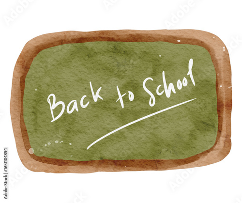 Watercolor illustration of a green chalkboard with "Back to School" written in white.