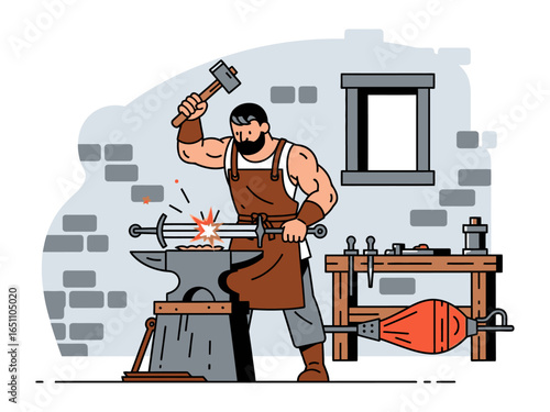 Crafting with Fire and Force: A strong blacksmith forges a sword with skilled precision in a rustic workshop. Every hammer blow rings with purpose, igniting sparks of creativity and strength. 
