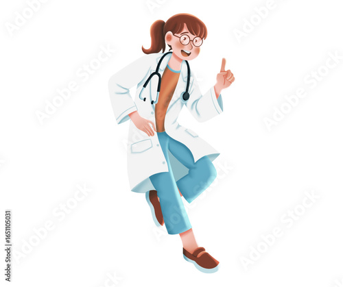 Cheerful female doctor in motion, making a point,  wearing a lab coat and stethoscope.