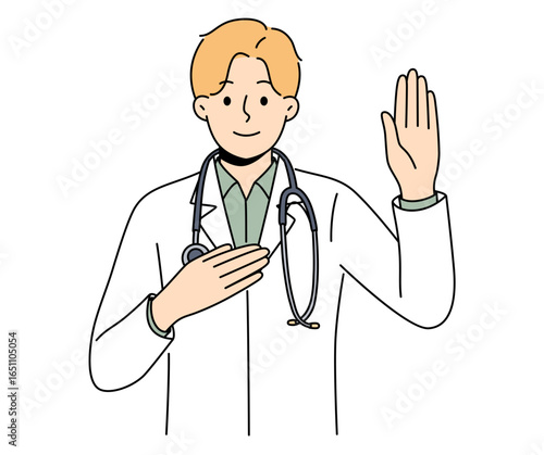 Young doctor in a white coat raises his hand, taking an oath with a stethoscope.