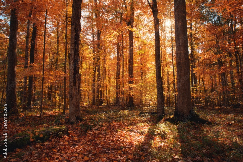 Fototapeta premium Autumn forest bathed in sunlight (1)
