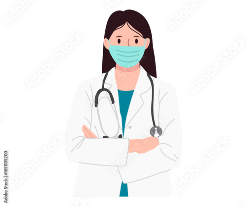 A female doctor in a white coat, wearing a face mask, with arms crossed, stands confidently.