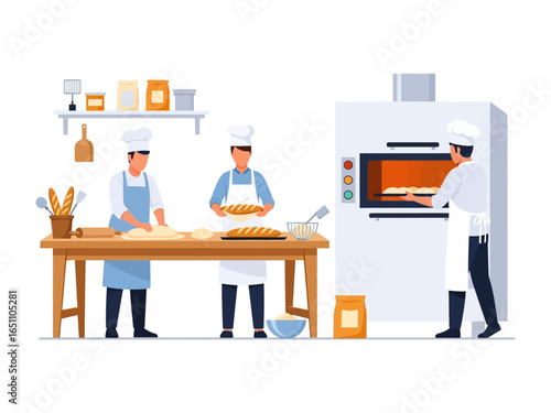 Artisan Bakers at Work: Capturing the warmth and craft of an artisan bakery, showcasing bakers meticulously preparing fresh bread and pastries in a cozy, well-equipped setting. 