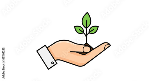 An illustrative hand gently cradles a vibrant green seedling, symbolizing growth, environmental care, and a commitment to sustainable practices for a healthier planet.