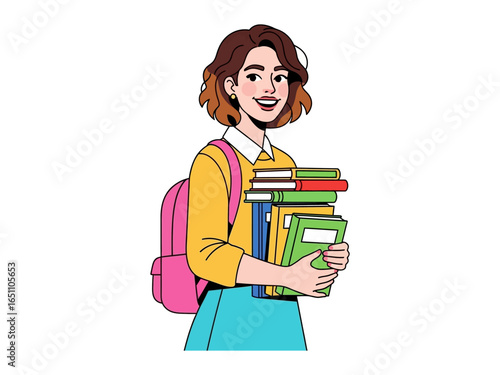 Back to School: A cheerful young woman, backpack in tow, carries a stack of colorful books. She embodies the eagerness and knowledge of a student.