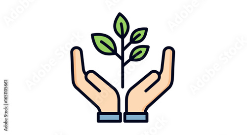 This vibrant illustration depicts caring hands gently nurturing a young plant, symbolizing environmental protection, sustainable growth, and ecological responsibility.