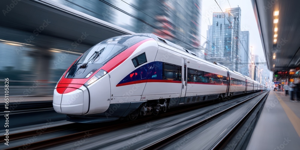 Naklejka premium Electric passenger red gray train drives at high speed among urban landscape. Modern high speed commuter train on the railway station and colorful sky at sunset in Europe. Railroad background