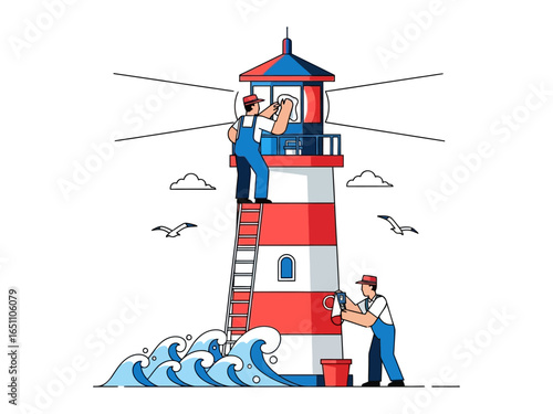 Lighthouse Maintenance: Two dedicated individuals, working together in a collaborative effort to meticulously clean and maintain a lighthouse. capturing the blend of maritime tradition, dedication.