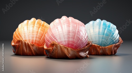 A close-up of three beautifully colored seashells resting on a textured surface, showcasing intricate patterns and vibrant hues in a soft light.