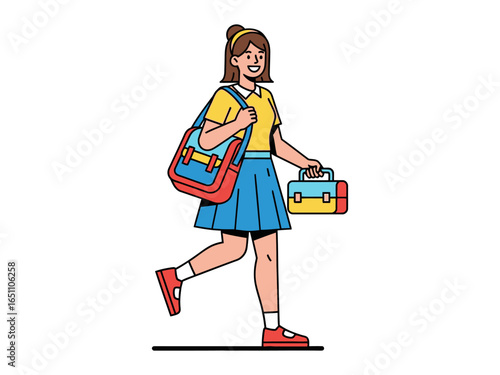 Young student with a schoolbag: A vibrant illustration showcasing a smiling schoolgirl carrying a schoolbag and a lunchbox.