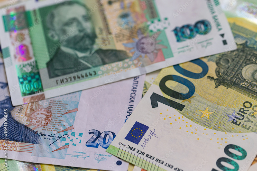 Obraz premium A Flat Lay Composition of Bulgarian Lev and Euro Banknotes