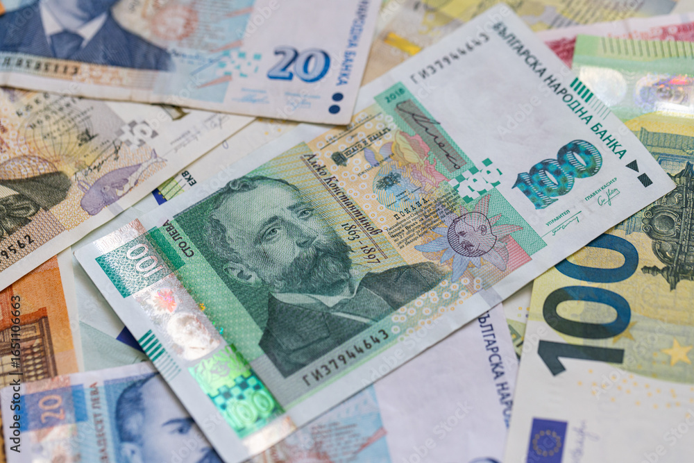 A Flat Lay Composition of Bulgarian Lev and Euro Banknotes A Flat Lay Composition of Bulgarian Lev and Euro Banknotes