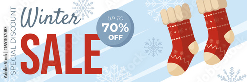 Winter sale vector banner with festive red Christmas socks and decorative snowflakes on blue background. Seasonal holiday design template for discounts, shopping promotions, advertising and marketing.