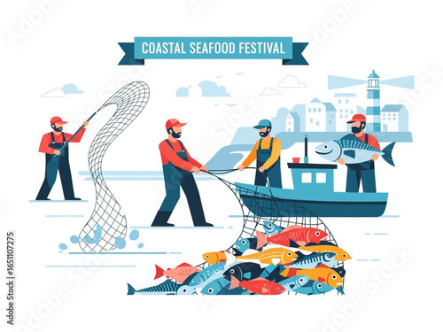 Coastal Seafood Festival: An illustration depicting a coastal seafood festival, showcasing fishermen hauling in their catch with boats, nets, and fish. Capturing the essence of a lively celebration.