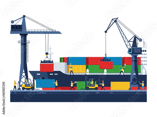 Global Shipping and Logistics Hub: Illustrative view of a bustling seaport, where colossal cranes and diligent workers collaborate to load and unload cargo containers.
