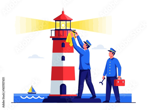 Lighthouse Maintenance: Two diligent keepers meticulously maintain a vibrant lighthouse, ensuring its beacon shines brightly across the water.