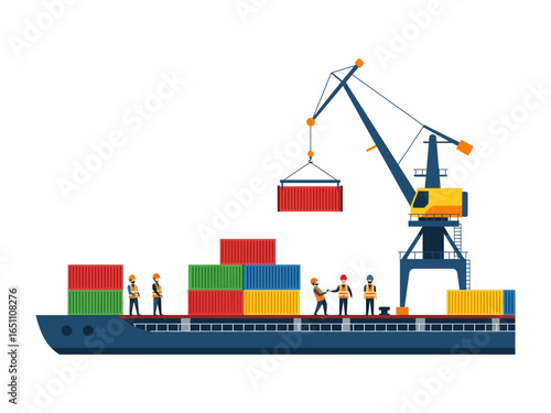 Shipping Logistics: An illustrative depiction of a bustling cargo ship at a dock, laden with colorful containers and the controlled movement of a crane and harbor workers.