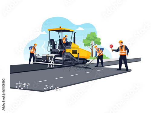 Road Construction: A vibrant illustration captures a crew hard at work during road construction, complete with machinery, and signaling for safe passage. 