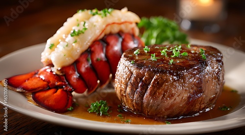 Filet mignon steak with lobster tail and garnish on a plate