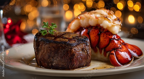 grilled steak and lobster on a plate with garnish