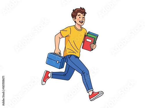 Running Student: A young, vibrant student bursts with energy, sprinting towards a destination while carrying school supplies. A visual of youth, education, and enthusiasm. 