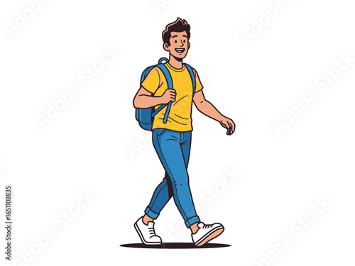 Energetic Youth on the Go: A dynamic illustration captures a smiling youth with a backpack, striding confidently forward in a visual representation of optimism.