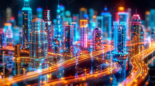 Wallpaper Mural Panoramic view of a smart megacity with color-coded neon roads, glowing bridges, interactive skyscraper facades, and AI-powered intersections. Torontodigital.ca